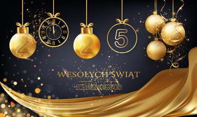 kartka lub opaska na głowę z życzeniami Wesołych Świąt i Szczęśliwego Nowego Roku 2025 w kolorze złotym i czarnym składający się z bombek choinkowych i zegara pod złotą zasłoną kółek z efektem bokeh n