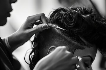 A woman skillfully cuts another womans hair using a comb, A creative hair stylist concentrating on a complicated haircut, AI Generated - obrazy, fototapety, plakaty