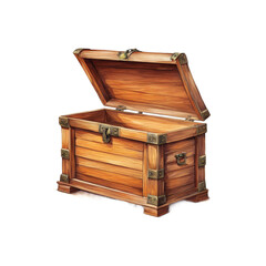 Hand carved wooden chest open watercolor illustration, open wooden box clipart