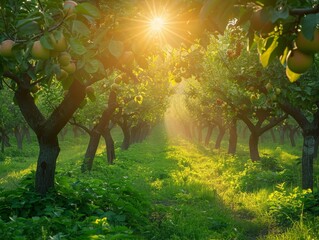 Bountiful trees in an orchard, perspective of abundance and growth, sunbeams piercing through leaves.