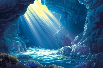 Illustration of a cartoon view of a cave under the sea