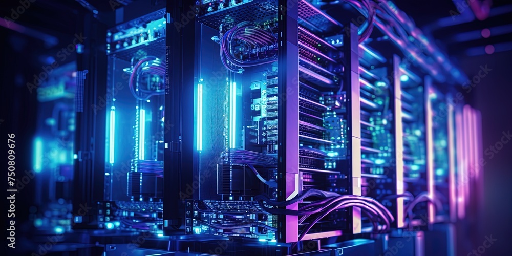 Poster high performance data servers. glowing cables, high bandwidth. ultra high performance servers in dat