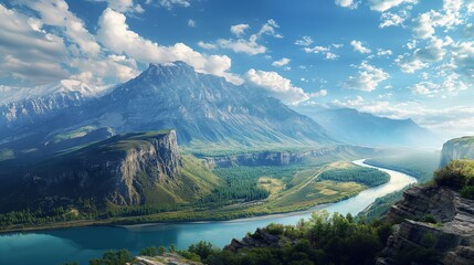 A breathtaking mountain landscape with a peaceful river winding through, harmonizing with the vivid blue sky.