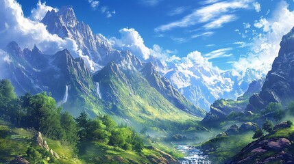 Fototapeta na wymiar A breathtaking mountain landscape with a peaceful river winding through, harmonizing with the vivid blue sky.