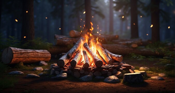 Craft an ultra-realistic image of a cozy campfire in the forest during the evening, capturing the warm glow of the flames against the darkness of the surrounding trees. -AI Generative 