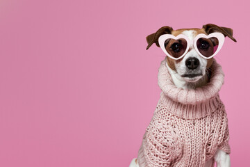 A cute dog posing in a cozy pink sweater and heart-shaped pink sunglasses, giving a sense of warmth and love