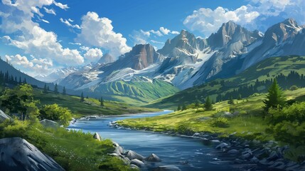 A breathtaking mountain landscape with a peaceful river winding through, harmonizing with the vivid blue sky.