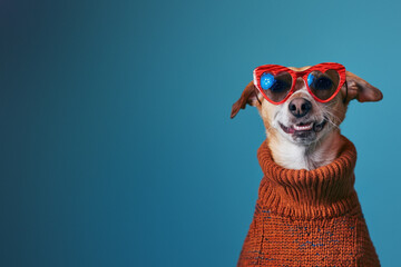 An adorable dog sporting an orange knitwear sweater on a minimalist blue background, evoking a cozy feeling