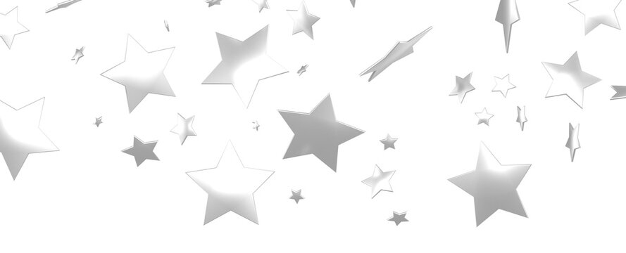 Silver star of confetti. Falling stars on a white background. Illustration of flying shiny stars.