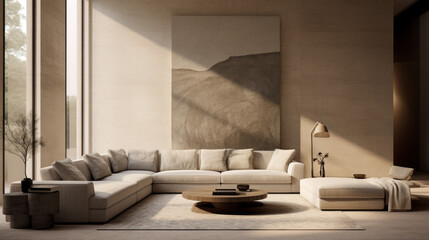 A modern living room featuring a textured wall finish in shades of beige