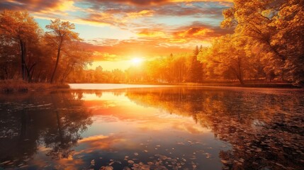 A breathtaking sunset over a lake surrounded by trees in their autumn colors, casting a warm and golden glow on the water's surface.
