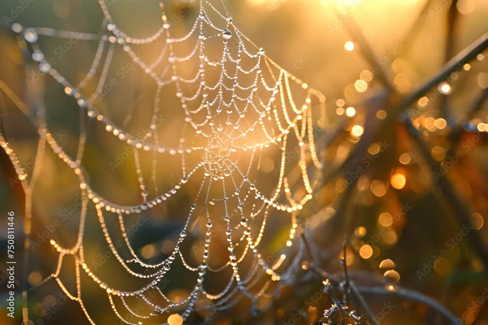 Sticker a close up of a spider web covered in dew