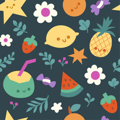 Summer Seamless Pattern with hand drawn beach elements. Tropical fruits and beach objects illustration. - 750811437