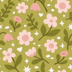 Cute seamless pattern with small flowers and botanical elements. Vector hand drawn floral background for textile, fabric, print, wallpaper. - 750811444