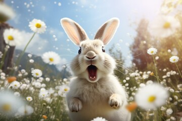 Easter cute happy smiling rabbit walking in a meadow among grass and spring blooming flowers, bunny looking at the camera