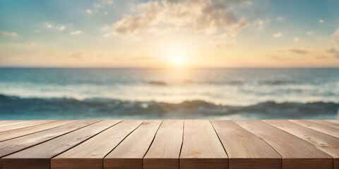 Empty Wooden Table with Sunny Sea