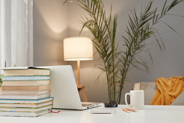 Modern empty workplace in cozy living room with books, laptop, cup of coffee on table