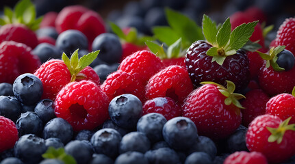 Close shot of fresh blueberries and raspberries