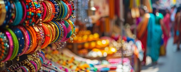 Fototapeta na wymiar Vibrant Bazaar of Bangles: A Colorful Array of Indian Jewelry on Display