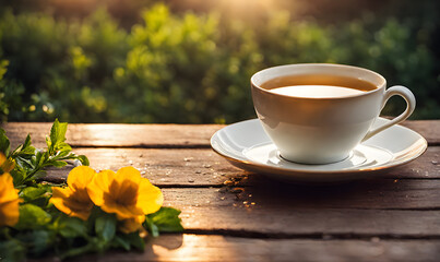 Naklejka na ściany i meble Steaming Cup of Tea in Early Morning