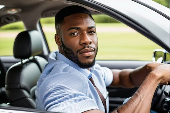 A man with a beard and a blue shirt is driving a car