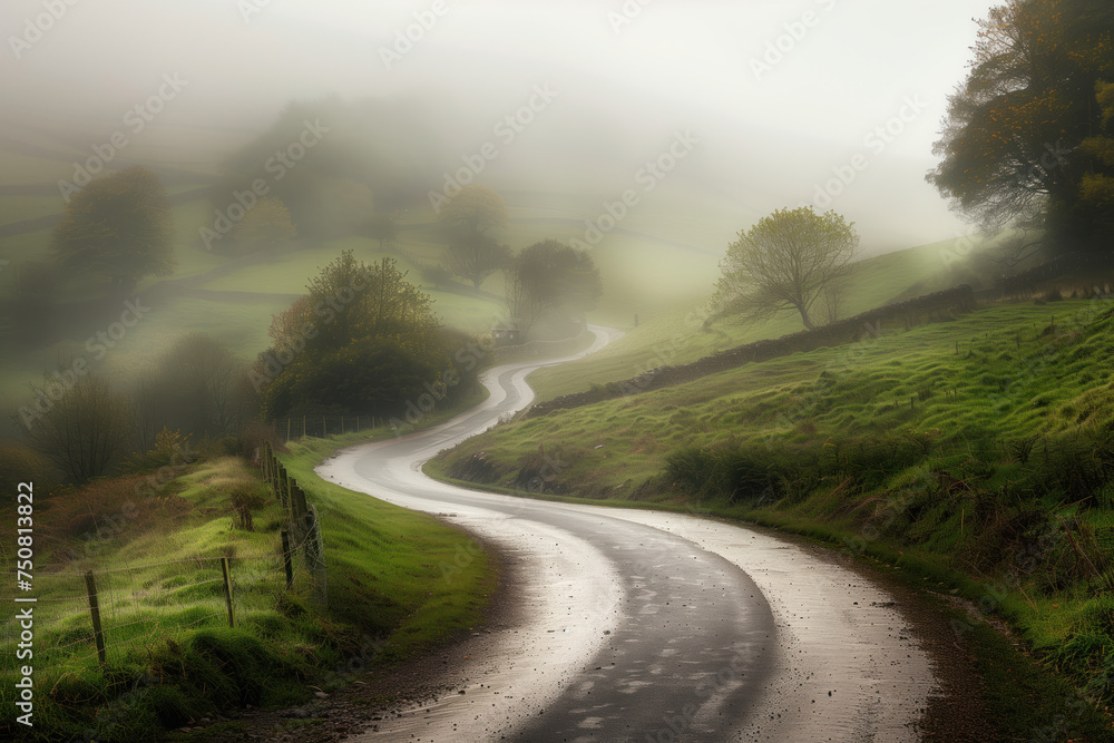 Aufkleber road in the fog. misty landscape. background image. created with generative ai technology.