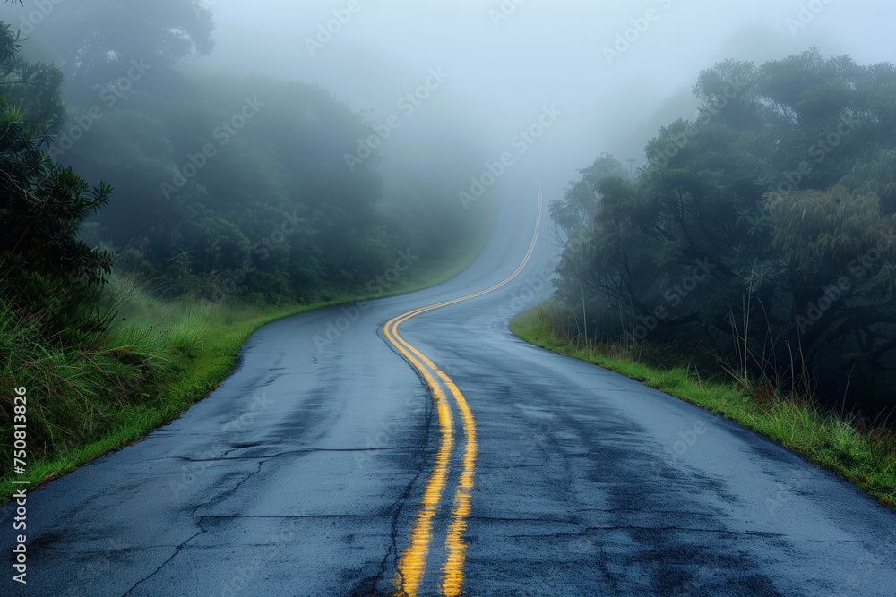 Poster road in the fog. misty landscape. background image. created with generative ai technology.