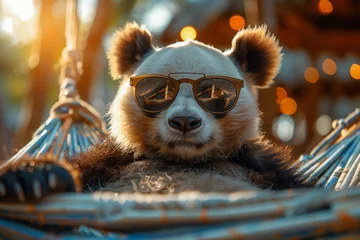 Poster Portrait of panda in sunglasses relaxing in hammock while vacation. © AB-lifepct