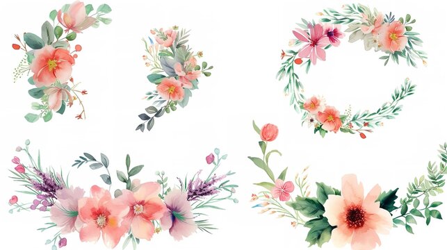  Watercolor flower wreaths Floral clip art set