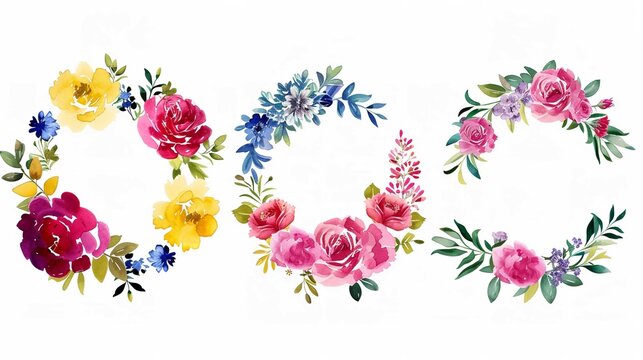  Watercolor flower wreaths Floral clip art set