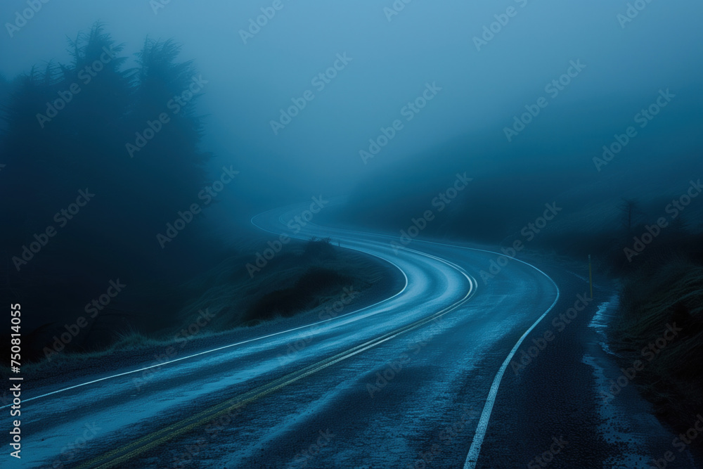 Poster road in the fog. misty landscape. background image. created with generative ai technology.