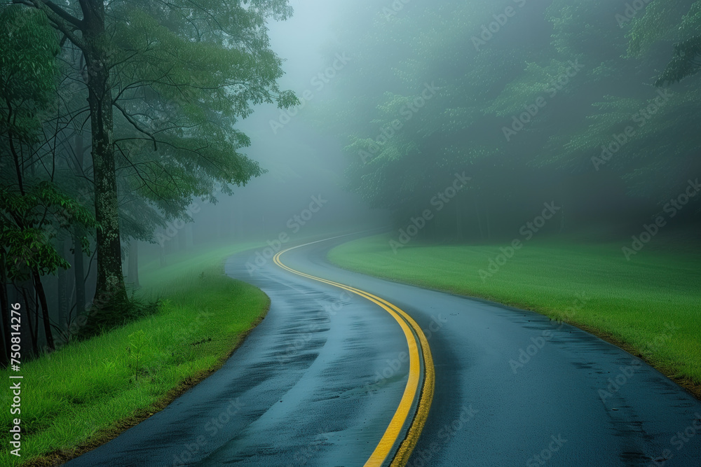 Poster road in the fog. misty landscape. background image. created with generative ai technology.