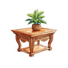 Wooden coffee table with potted plant on it, Minimal rustic wooden table with intricate carvings watercolor illustration