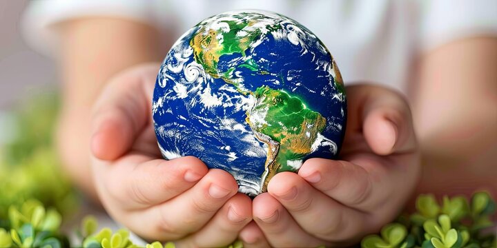 Planet in the hands of a baby. Hands on green grass. Save earth. Happy Earth Day and ecology concept. The earth in mans hand. World health day, safe world concept. Сopy space.