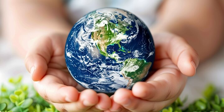 Planet in the hands of a baby. Hands on green grass. Save earth. Happy Earth Day and ecology concept. The earth in mans hand. World health day, safe world concept. Сopy space.