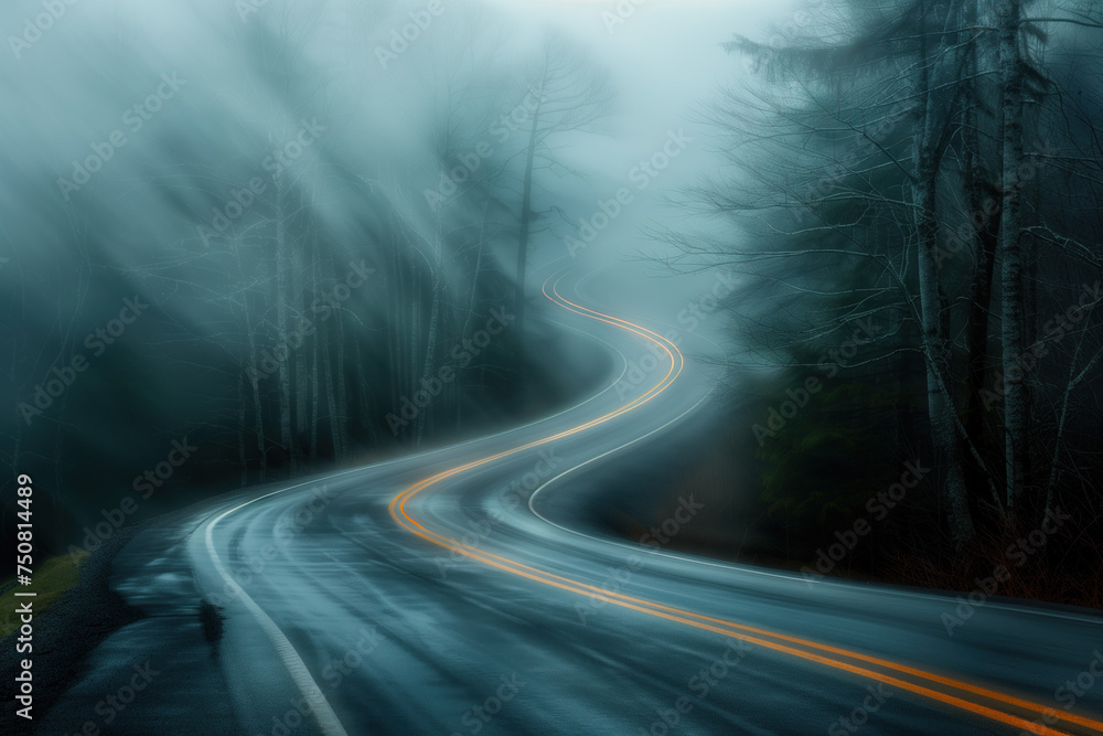 Poster road in the fog. misty landscape. background image. created with generative ai technology.