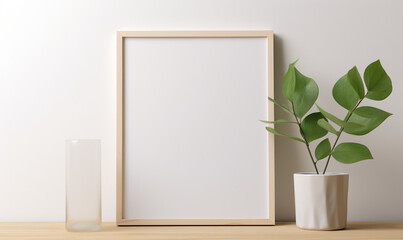 a wooden board and a framed poster mock up with green leaves on it сreated with Generative Ai