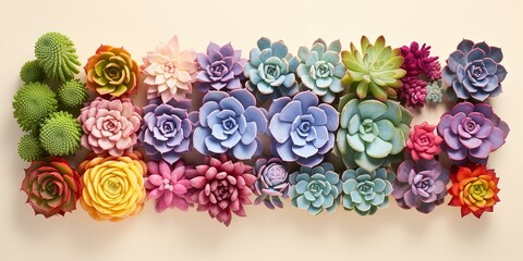 Top-down image of various colorful succulents neatly arranged on a pastel background