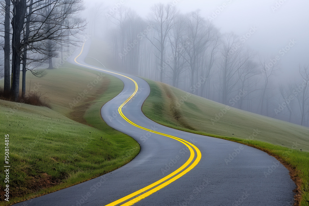Poster road in the fog. misty landscape. background image. created with generative ai technology.
