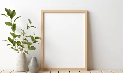 Fotobehang a wooden board and a framed poster mock up with green leaves on it сreated with Generative Ai © Andrii Yablonskyi