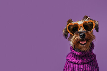 A small Yorkshire Terrier wearing heart-shaped sunglasses and a trendy knitted sweater poses for a modern portrait