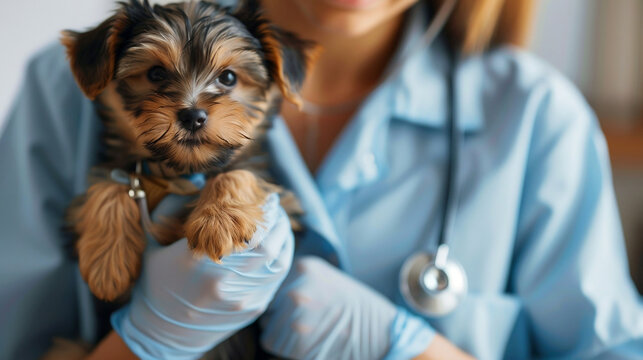 Cropped image of female veterinarian in blue gloves with stethoscope holding cute Yorkshire terrier puppy in veterinary clinic on white banner background, copy space for text.caring for pets