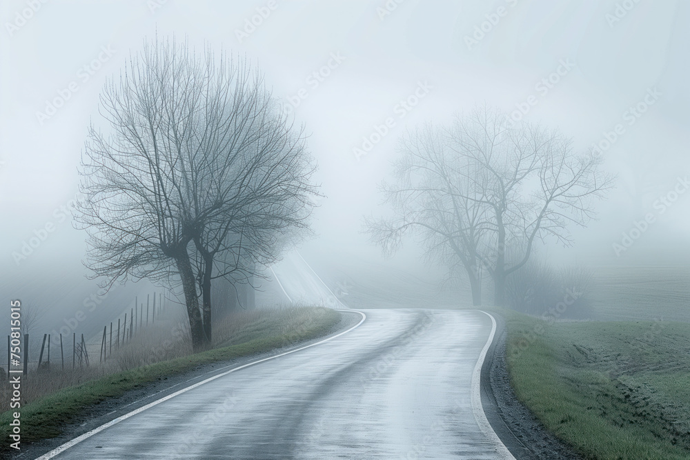 Poster road in the fog. misty landscape. background image. created with generative ai technology.