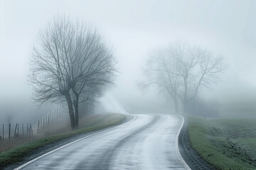 Obraz na płótnie Canvas Road in the fog. Misty landscape. Background image. Created with Generative AI technology.