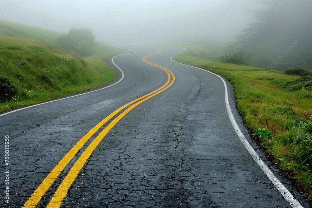 Poster road in the fog. misty landscape. background image. created with generative ai technology.
