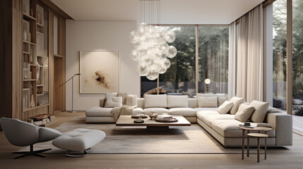A modern living room with a unique lighting fixture creating a cozy atmosphere