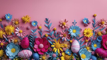 Fototapeta na wymiar Brightly colored paper cut Easter eggs and flowers create a festive border for Easter Monday celebrations.