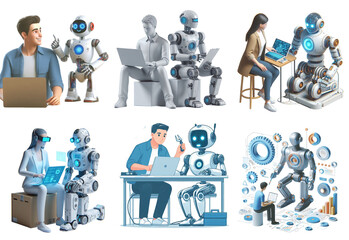 business people team, human-robot interaction, IS concept, working together, robotics, office communication, teaching. 