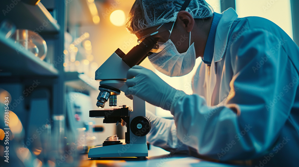 Poster a scientist using a microscope to examine biological samples in a laboratory, highlighting the preci