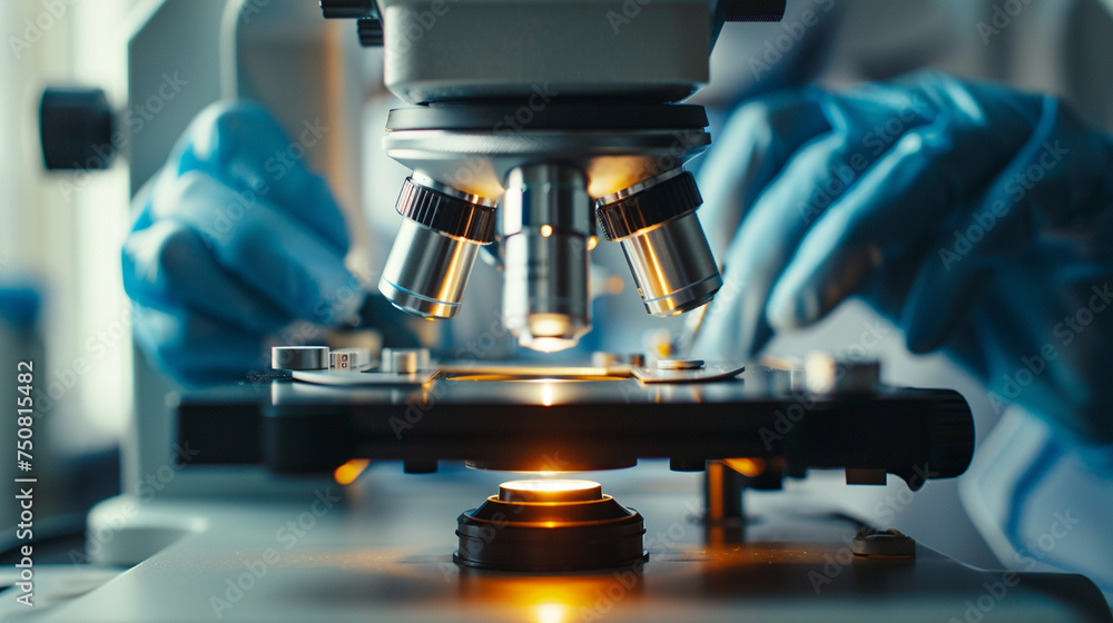 Poster a scientist using a microscope to examine biological samples in a laboratory, highlighting the preci